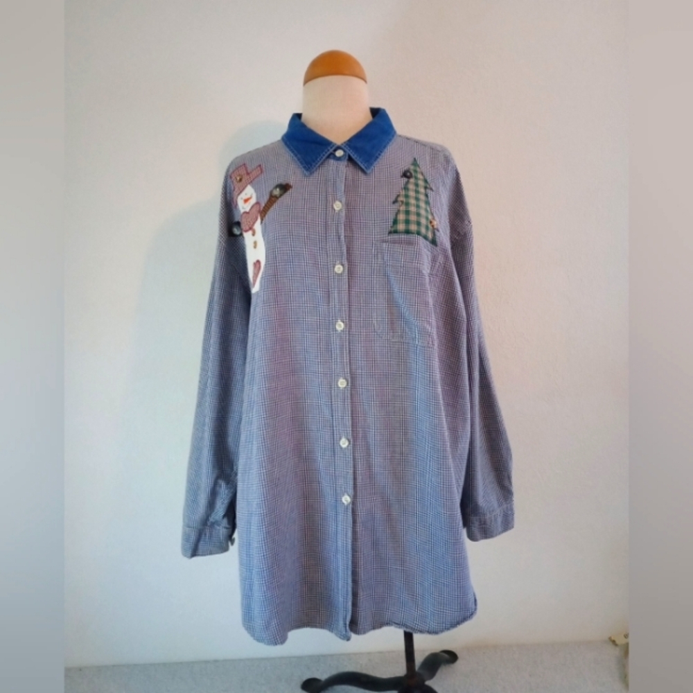 Vtg Haiks Blue Check Button Down Top  Embroidered Snowman, Tree Women's SZ 3X